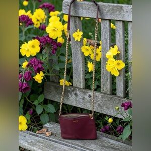 Lodis Pebbled Leather Mini Crossbody Bag Burgundy Gold Chain Small Zip Pouch